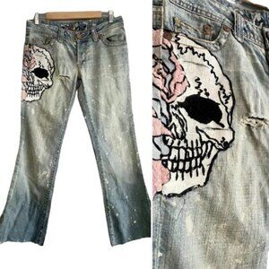 90s Grail Jeans with Skull Distressed Boot cu Ripped Bleached Size 27 4
